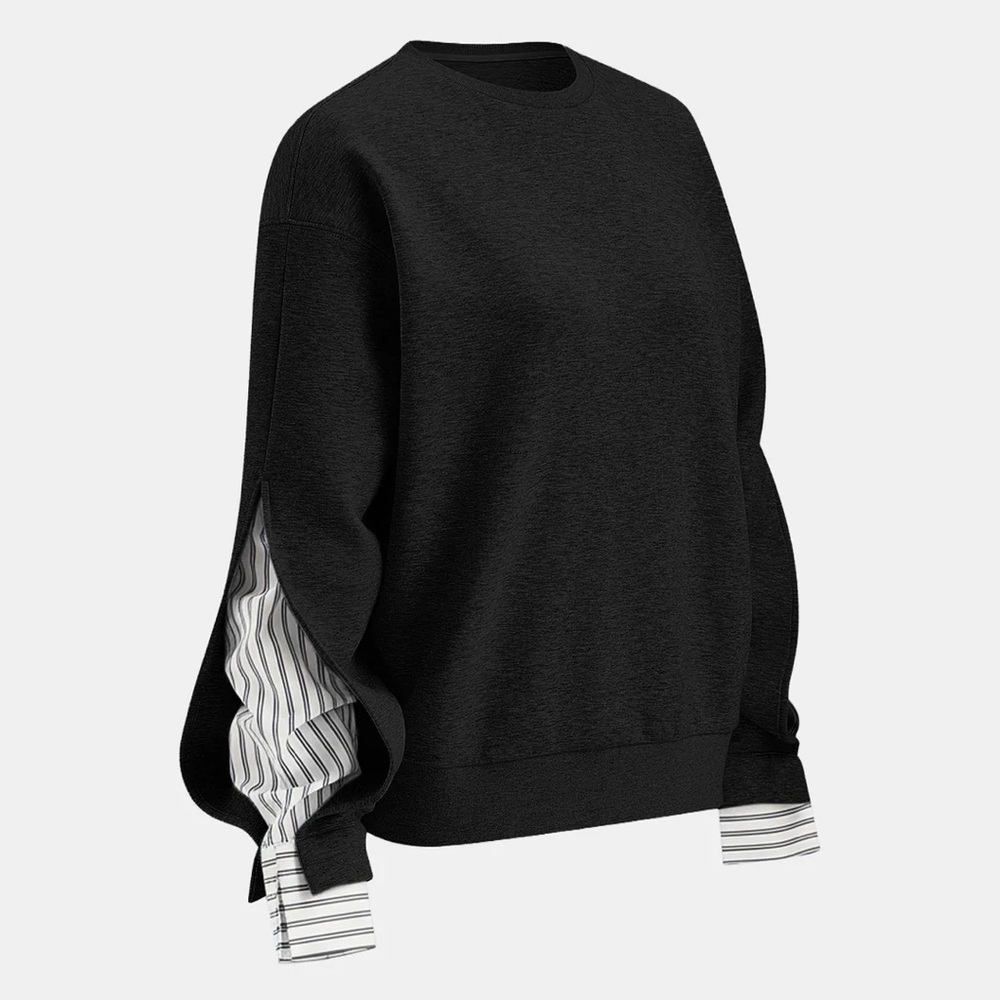 COMMENSE NEW. Black Sweater with Striped Sleeves